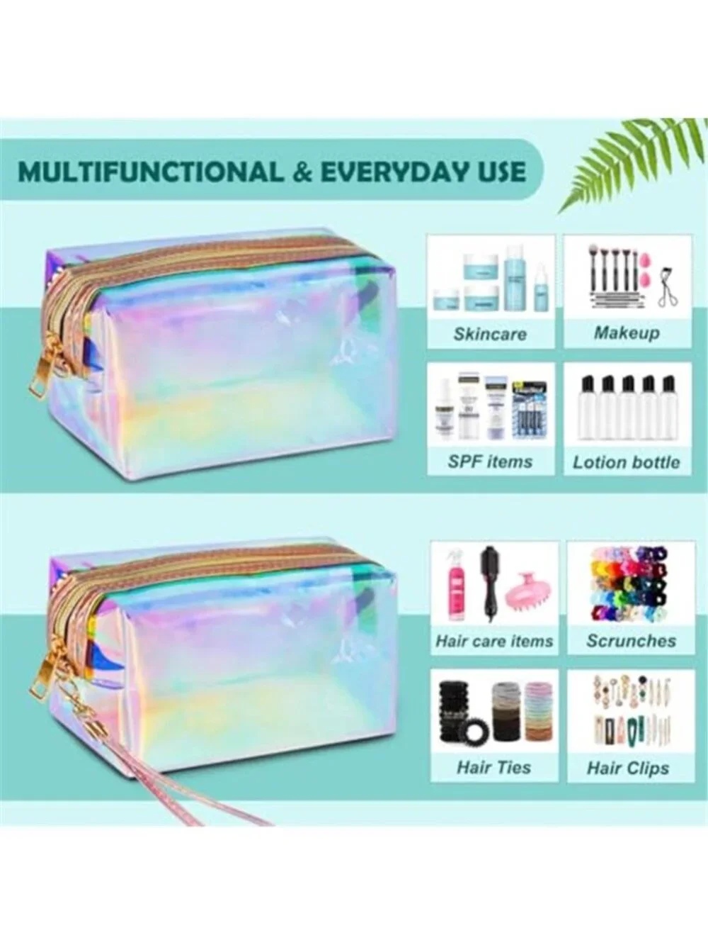 Package Clear Iridescent Holographic Makeup Bag, 2pcs Travel Cosmetic